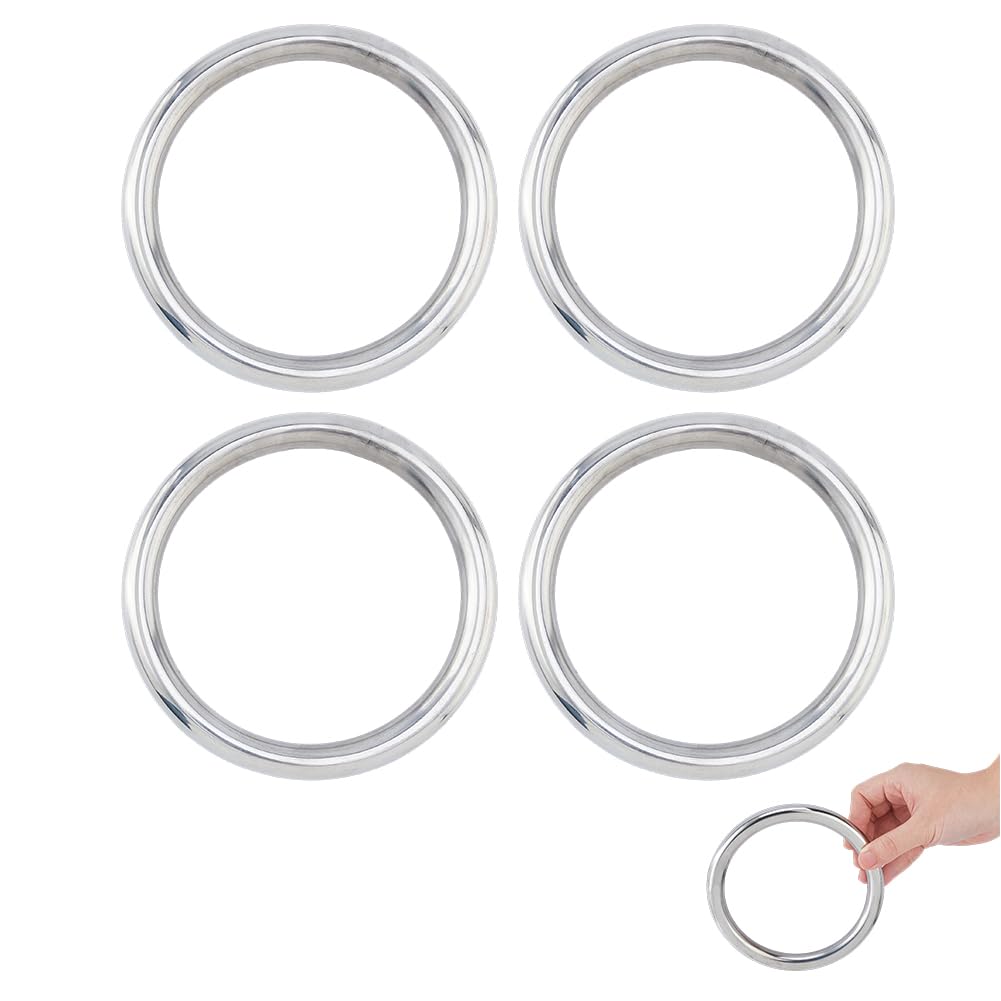 Hobbspring 4Pcs 304 Stainless Steel O Rings Heavy Duty Multi-Purpose Metal Ring 4.69inch Seamless Welded Round Ring Large Smooth O Rings for Camping Belt Dog Leashes Hardware Luggage