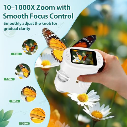 PINREK Kids Microscope 1000X Digital, Handheld Adventure Microscope for Kids, Pocket Microscope Video Record with 32G Memory Card, Portable Magnifying Glass Miniscope, Great Gift for Boys Girls