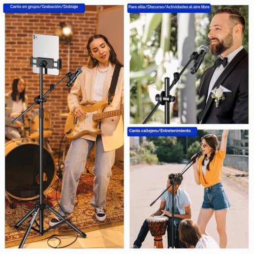 Aokeo Microphone Stand, Microphone Stand Floor, with Adjustable Tripod, Bag, Tablet Stand, Suitable for Any Microphone, Show, Singing, Speech