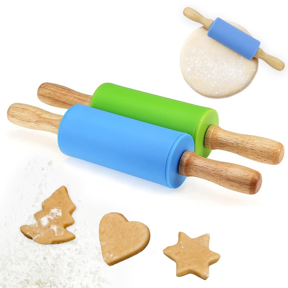 Children's Rolling Pin, Pack of 2 Rolling Pin for Children, Small Rolling Pin for Small Dough Pans and Cookies, Silicone Mini Rolling Pins for Small Children's Hands, Children's Baking Accessories,