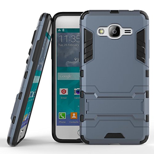 Galaxy J2 Prime Hybrid Case DWaybox 2 in 1 Heavy Duty Armor Hard Back Cover Case with kickstand for Samsung Galaxy Grand Prime+ Plus (2016) / Galaxy J2 Prime (2016) G532F 5.0 Inch (Black Plus Gray)