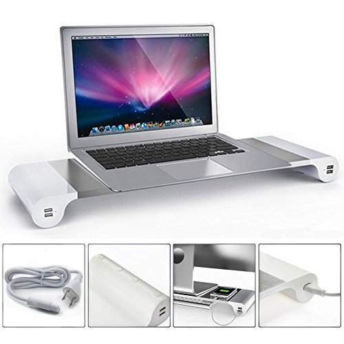 Lucky2Buy Aluminum Computer Monitor Stand Space Bar, Laptop Stand / Monitor Dock Desk Organizer / Desk Monitor Riser with 4 USB Ports, Keyboard Storage, for PC Laptop iMac MacBook