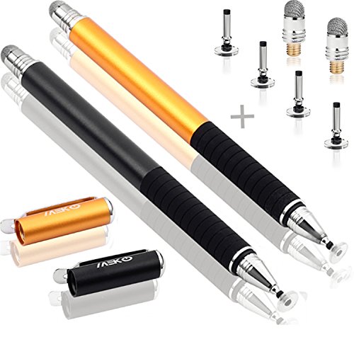 MEKO(TM) (2 Pcs)[2 in 1 Precision Series] Disc Stylus/Styli Bundle with 4 Replaceable Disc Tips, 2 Replaceable Fiber Tips for All Touch Screen Devices - (Black/Gold) (Best Stylus For Pc)