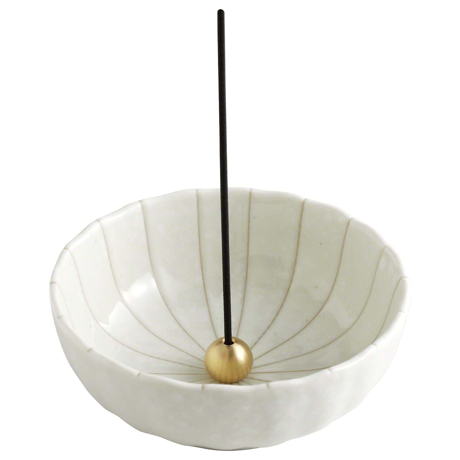 Asayu Japanese Lotus Incense Holder for Sticks 10.5cm (4.1 inch), Traditional Made in Japan Ceramic Ash Catcher and Brass Incense Burner Set - White Lotus