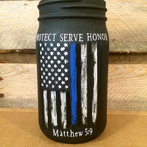 Thin Blue Line Distressed Flag Jar, Custom Police Officer mason jar, Law Enforcement Protect Serve Honor, Matthew 5 9