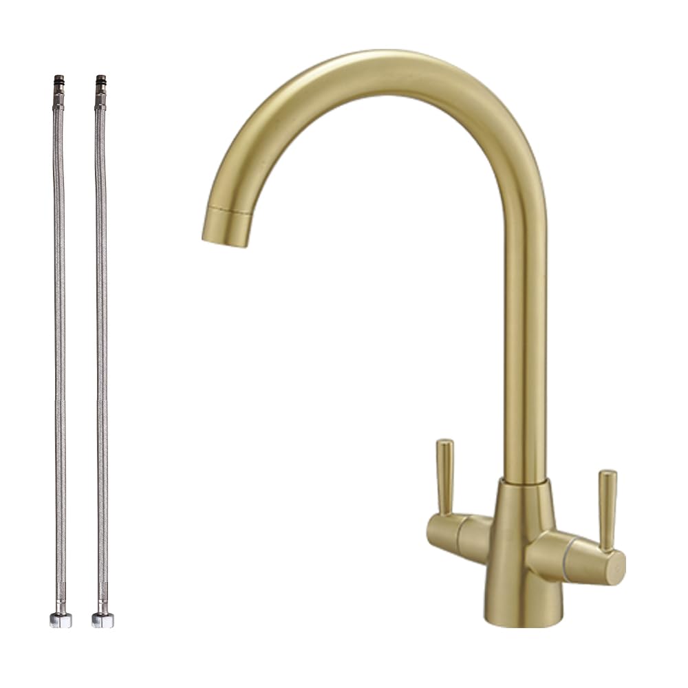 Haiba Kitchen Mixer Tap Dual Lever Swivel Spout Monobloc Brushed Gold Sink Taps with UK Standard Fittings