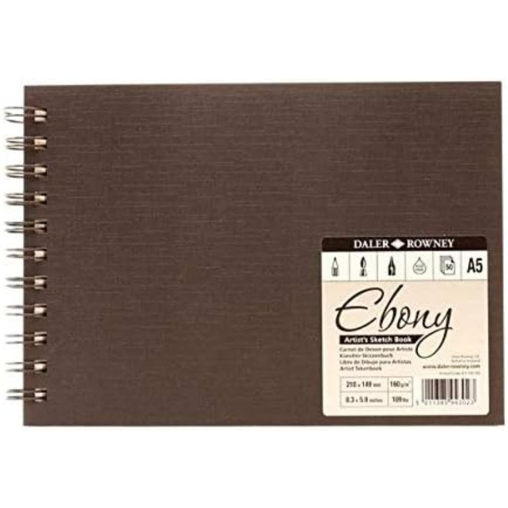 Daler-Rowney Ebony 160gsm A5 Smooth Landscape Sketchbook, Spiral Bound, 54 Natural White Sheets, For Professional Artists & Students — image 1