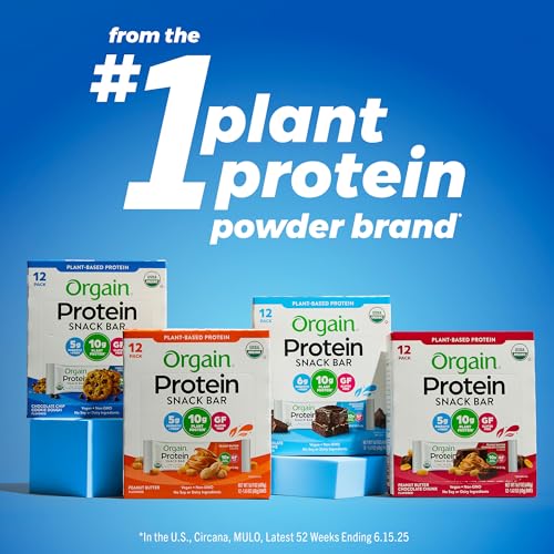 Orgain Organic Vegan Protein Bars, Chocolate Brownie - 10g Plant Based Protein, Gluten Free Snack Bar, Low Sugar, Dairy Free, Soy Free, Lactose Free, Non GMO, 1.41 Oz (12 Count)