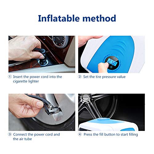 Multi-Funcion Mini Car Air Pump for Car Tires with LED Light Digital Air Pump for Commercial Vehicles, Motorcycles, Bicycles, Balls, Inflatable Cushions, Kayaks-Blue - Thumbnail 4