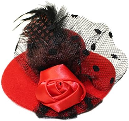 Lucore 4 Inch Mini Top Hat Hair Clip Accessory - Rose, Feather and Mesh Veil Girls Fashion Clipon Miniature Hairpin Headwear (Red)