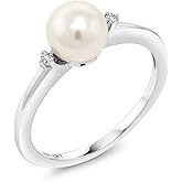 Gem Stone King 10K White Gold 7mm Cultured Freshwater Pearl Women Engagement Ring with White Created Sapphire