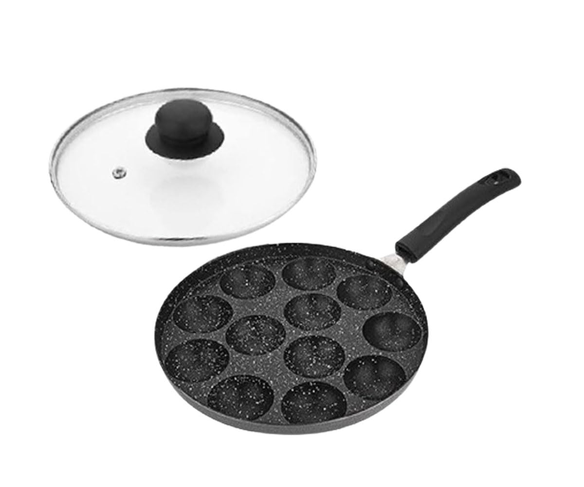 Satre Online and Marketing Black and Silver Non Stick Aluminium Long Handle 12 Pits Appam Pan with Transparent Glass Lid