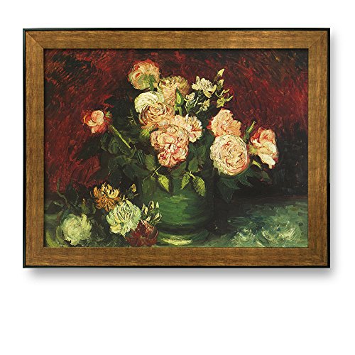Framed Art Bowl with Peonies and Roses by Vincent Van Gogh Famous Painting Wall Decor Bronze and Black Frame