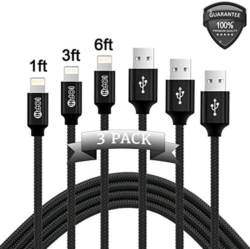 Iophi 3 PACK 1FT 3FT 6FT Nylon Braided Lightning to USB Cable 2.4A High Speed Heavy Duty Aluminum Connector Charge Sync Cable for iPhone 7 / 7 Plus / 6 / 6s / 5 / 5s / 5c / SE / iPad / iPod - BLACK