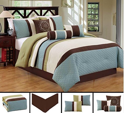 Dovedote Gorman Hills Strips Comforter Set, King, Light Blue Green Coffee, 7 Piece