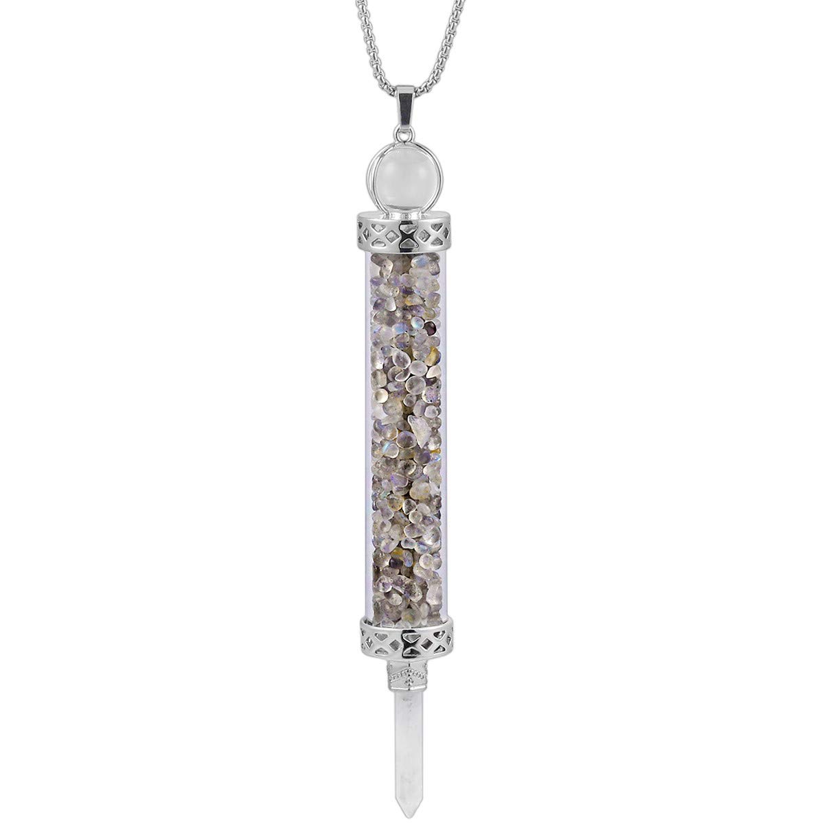 Nupuyai Labradorite Crystal Quartz Point Wand Pendant Necklace for Women Men, Handmade Wishing Bottle Pendant with Chain 50cm