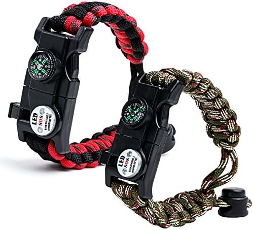 Survival Paracord Bracelet Emergency Adjustable Tactical Bracelet Kit Outdoor Survival Waterproof Wristband with SOS LED Light – Set Of 2- Compass, Fire Starter, Emergency Knife, Whistle,Fire Starter