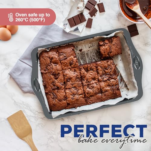 Rholet Brownie Tin Large Traybake Roasting Tray | Quantum II Non Stick Coating, 5cm Deep Pan with Cutting Guides, Rectangle Swiss Roll Tin, Easy Clean Heavy Duty