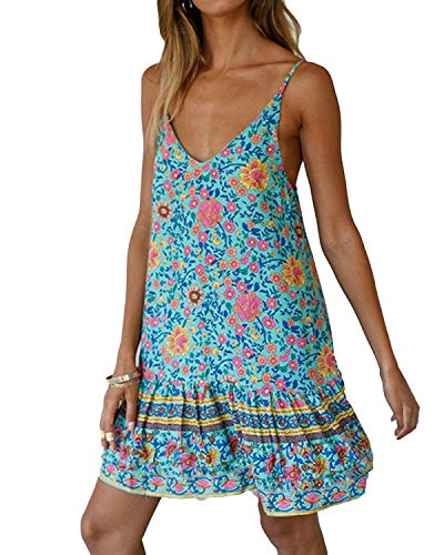 Kidsform Damen Strandkleid Boho Tunika Sommerkleid V-Ausschnitt Blumenkleid Loose T-Shirt Kleid Floral Minikleid – Bild 3