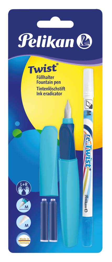 Pelikan Twist in Assorted Colours, Ergonomic Fountain Pen, for Right and Left-Handed, for School and Office, M Stainless Steel Nib, 2 Blue Cartridges and Eraser Included, Refillable