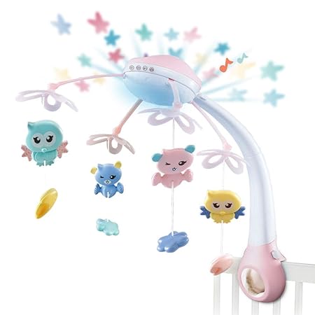 Moonvvin Mobile für Babybett, mit Musik, zum Aufhängen, niedliche Tiere, Spielzeug mit Licht, Projektor