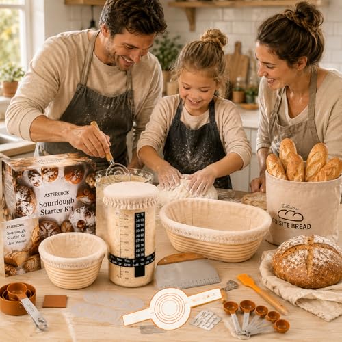 Kit de inicio de masa madre, Suministros para Hornear Pan de Masa Madre, Incluye 2 cestas de fermentación, Manual, Tarro, Espátula, Cuchillas, Bolsas y Más, Regalos de repostería