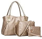 Deluxe Women 3 Piece Tote Bag Pu Leather Handbag Purse Bags Set (Gold)