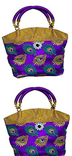 Womens Traditional And Ethnic Mini Brocade peacock theme Handbag - Pack of 2 -PURPLE- At Unbeatable Price