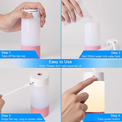 Sbode Cool Mist Humidifiers, 250mL Office Desk Whisper Quiet Humidifier USB Powered, Night Light Mode, for Baby Room, Travel, Car, Bedroom (Pink) - Thumbnail 3