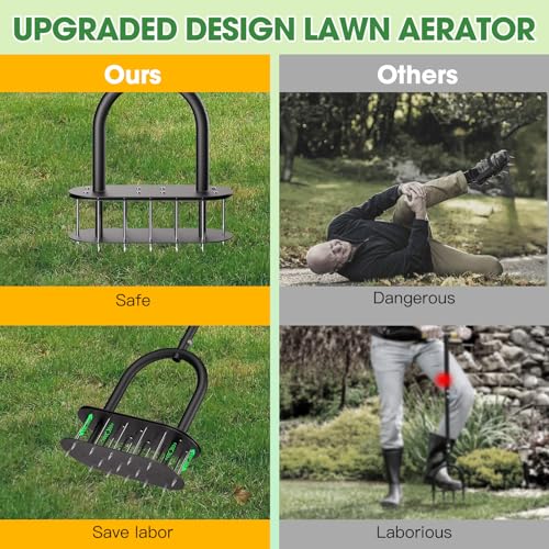 Onadak Lawn Aerator Automatic Dirt and Leaf Clean Design,Pre-Assembled 15 Iron Spikes Metal,Soil Lawn Aerating Tools for Yard Lawn and Garden, lawn aerator spikes aerating tool