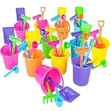 Mini Beach Bucket and Shovel Set - (Pack of 12) 3-1/4" Mini Bucket Party Favor Sand Box Play Set and Mini Beach Sand Pail Includes, Shovel, Rake, Scoop Beach Sand Toy for Birthday Or Mermaid Theme