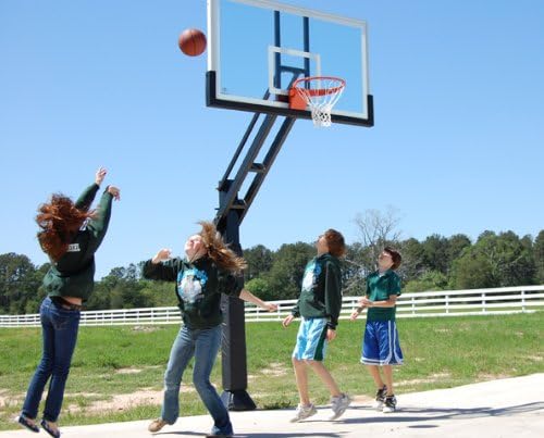 Pro Dunk Platinum: In-Ground Adjustable Outdoor Basketball Goal Hoop with Regulation-Sized 72 Inch Glass Backboard Adjustable from 5.5 Feet for Home Courts and Institutions
