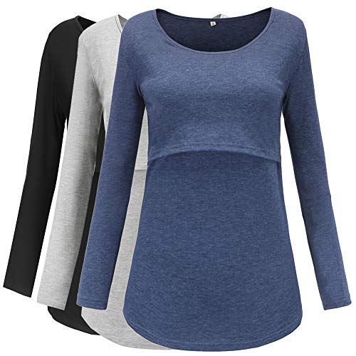 Jezero Women's Long Sleeve Nursing Tops Round Neck Breastfeeding Tunic 3-Pack
