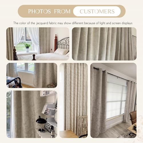 Beauoop Beige Floral Jacquard Blackout Curtains 84 Inches Long 2 Panels for Bedroom Living Room Taupe Flower Chenille Room Darkening Thermal Insulated Soundproof Grommet Window Treatments Drapes 52x84