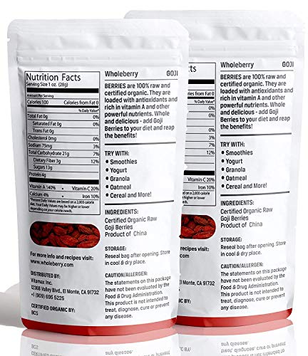 Wholeberry Organic Goji Berries 2lbs | Raw, Vegan, Gluten Free Super Snack | High in Plant Based Protein, Dietary Fiber, Vitamin A & Iron | Premier Berries for Eating, Trail Mixes, Cereals,Smoothies...