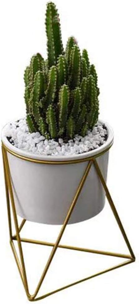 WiseGoods Nordic Style Creative ceramic Flower Pot Succulent Green Plant Garden Pot Vase With Geometric triangle Metal Art Flower rack stand Set-White pot+ Gold stand