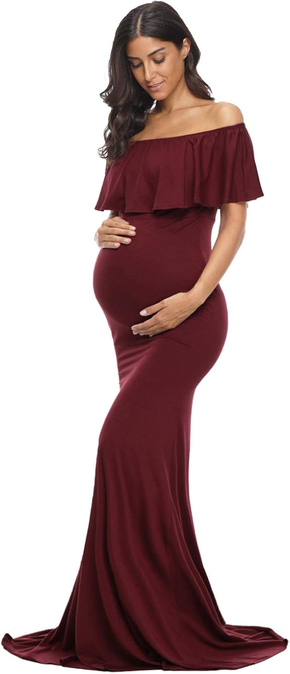 Glampunch Womens Off Shoulder Maternity Dress Ruffles Elegant Slim Gowns Fit Maxi Photography Dress at  Women’s Clothing store