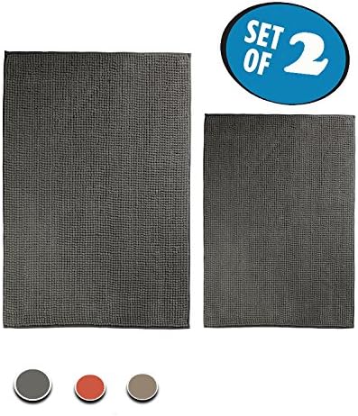 Hisy Microfiber Bath Tub Mats Set Of 2 To Prevent Slipping -31" x 20" And 16"x24"|Soft Super Absorbent Water Chenille Shaggy Elmo Rugs For Shower, Bathroom Floor Non Slip Washable And Fast Dry Gray