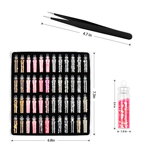 48 Bottles 10800pcs Nail Art Rhinestones Nail Crystal Gems Nail Diamonds, Gold Silver Pink Nail Art Studs Nail Sequins Rhinestones Glitter for Nails Kit with Tweezers for Nail Art Supplies Accessories