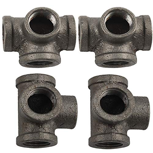 Gimiton 4 Pack 4 Way Pipe Fitting Malleable Iron DN15 1/2 Black Malleable Cast Iron Pipe Tee fitting Industrial Steel Side Outlet Elbow 4-Way Fitting (DN15 1/2) - Thumbnail 4