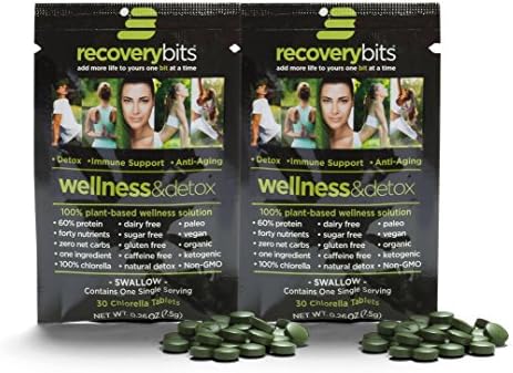 RECOVERYbits Chlorella Algae Tablets Organically Grown, Cracked Cell Wall, Non-GMO, vegan, paleo, ketogenic, raw. 100% pure green Chlorella Pyrensoidosa, a plant-based, 2 Single Servings