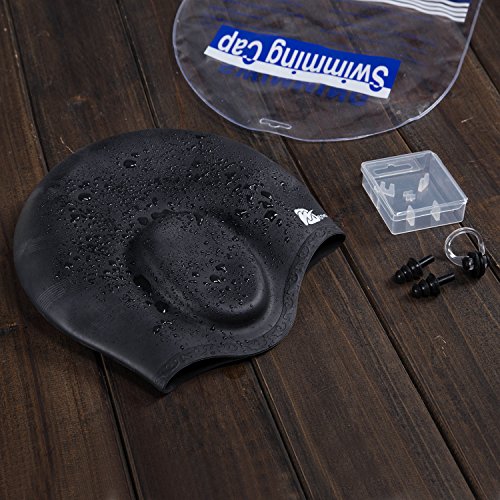 Wigoo Long Hair Swim Cap 2 Pack, 2019 Thicker Design, Waterproof Silicone Swimming Cap for Adult Woman and Men(Black+Pink) - Thumbnail 5