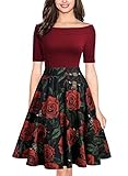 Miusol Women's Retro Off Shoulder Flare Print Evening Party Dress,Red,Medium