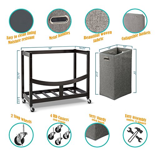 Best Music Posters Foldable 3 Basket Wooden and Fabric Laundry Sorter Cart with Wheels