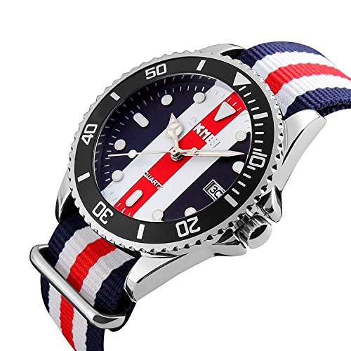Men's Nylon Strap Watch Unique Analog Quartz Waterproof Business Casual Big Face Dress Wrist Watch with Blue Red Striped Canvas Band