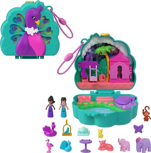 Polly Pocket Dolls & Playset, Peacock Garden Compact, Travel Toy with 2 Micro Dolls, Pets & Animal Accessories