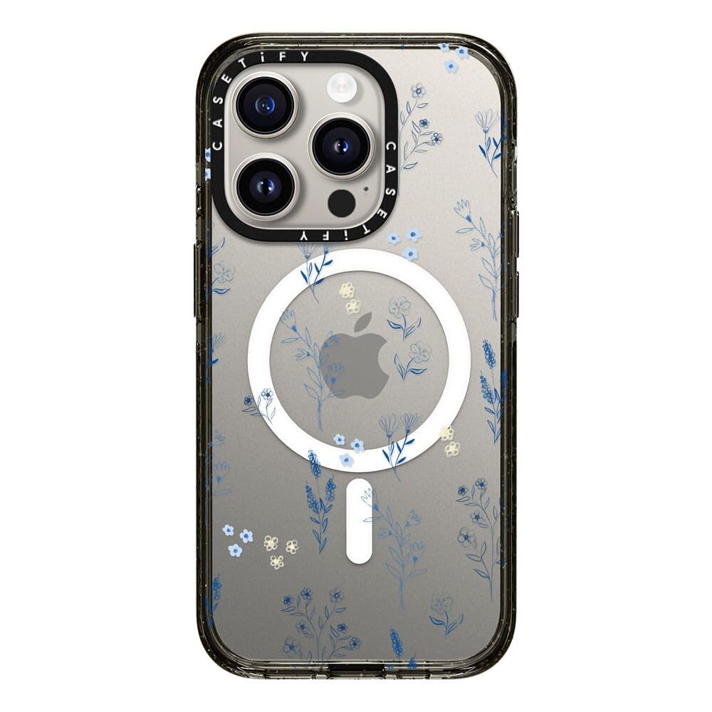 CASETiFY Impact Case for iPhone 15 Pro [4X Military Grade Drop Tested / 8.2ft Drop Protection/Compatible with Magsafe] - Small Blue Flowers - Clear Black