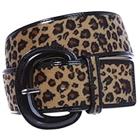 Ladies Patent Leather Leopard Print Animal Fur Fashion Belt, Beige | M/L - 36