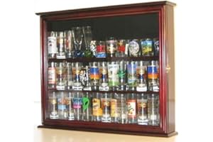 DISPLAYGIFTS Shot Glass Shooter Display Case Small Wall Curio Cabinet for Salt & Pepper Shaker Display Also Compatible with Funko Pop Figures, Nodder Wobbler Figures - Mahogany Frame