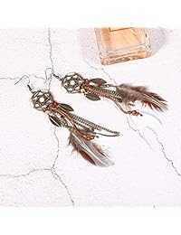 Pendientes de plumas de color marrón estilo bohemio vintage con borla larga y atrapasueños.
